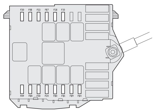 Fiat Linea 2007-2012 - skrzynka bezpieczników w komorze silnika Fiat Linea 2007-2012 - schemat skrzynki bezpieczników w komorze silnika