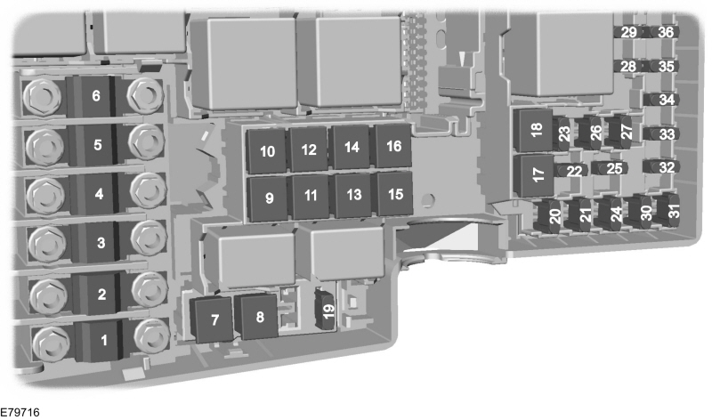 Ford Focus Mk2 FL - bezpieczniki w komorze silnika Fabryczny schemat skrzynki bezpieczników Ford Focus Mk2 FL C307 post-MCA w komorze silnika z pozycjami 1-36