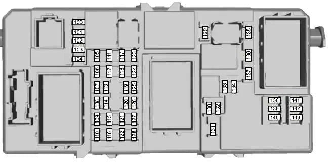 Schemat bezpieczników kabiny 100-143 Schemat rozmieszczenia bezpieczników 100-143 w skrzynce kabinowej Ford Kuga Mk1