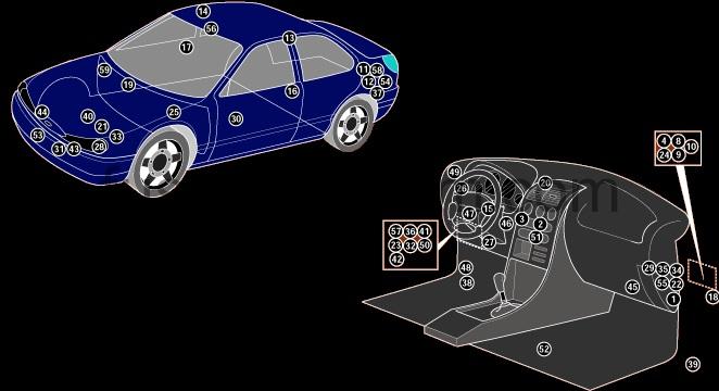 Rozmieszczenie elementów elektrycznych Ford Mondeo Mk2 Schemat rozmieszczenia skrzynek bezpieczników, przekaźników i modułów elektrycznych Ford Mondeo Mk2