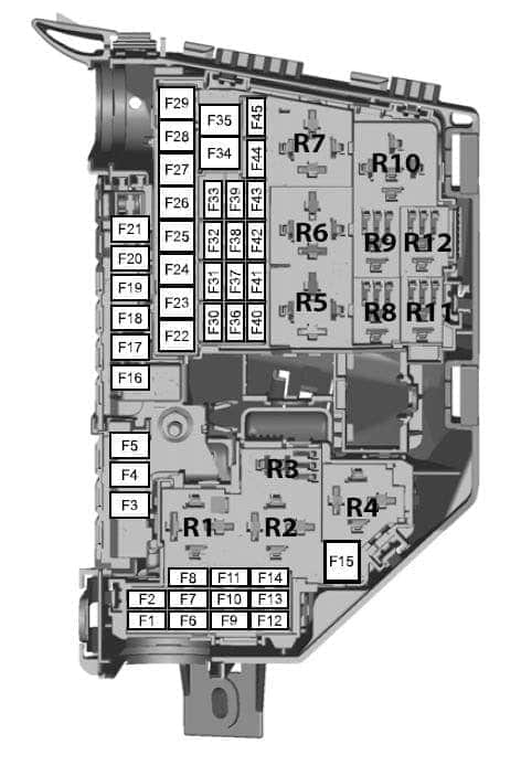 Ford Mondeo MK4 2007-2008 - schemat skrzynki silnika F1-F45 i przekaźników Ford Mondeo MK4 2007-2008 - schemat skrzynki silnika F1-F45 i przekaźników