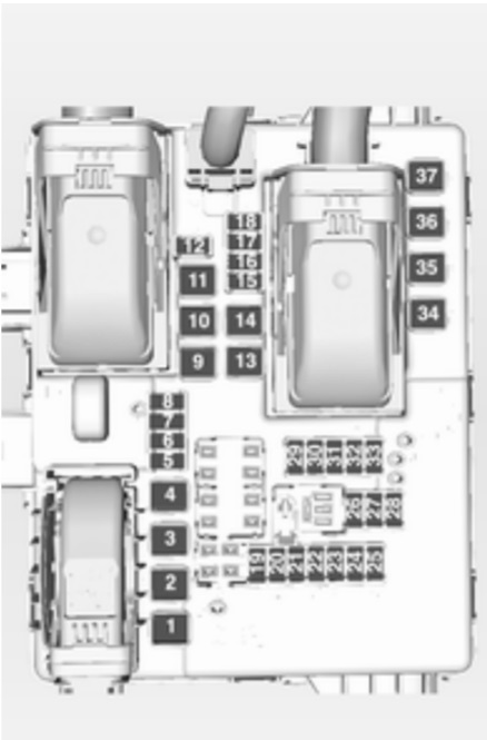Opel Insignia A 2014-2015 - schemat bagażnika Opel Insignia A 2014-2015 - schemat 37 pozycji bezpieczników w bagażniku