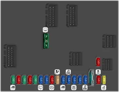Peugeot 307 SW 2003-2004 – techniczny schemat skrzynki bezpieczników w kabinie Peugeot 307 SW 2003-2004 - techniczny schemat rozmieszczenia bezpieczników w skrzynce kabinowej