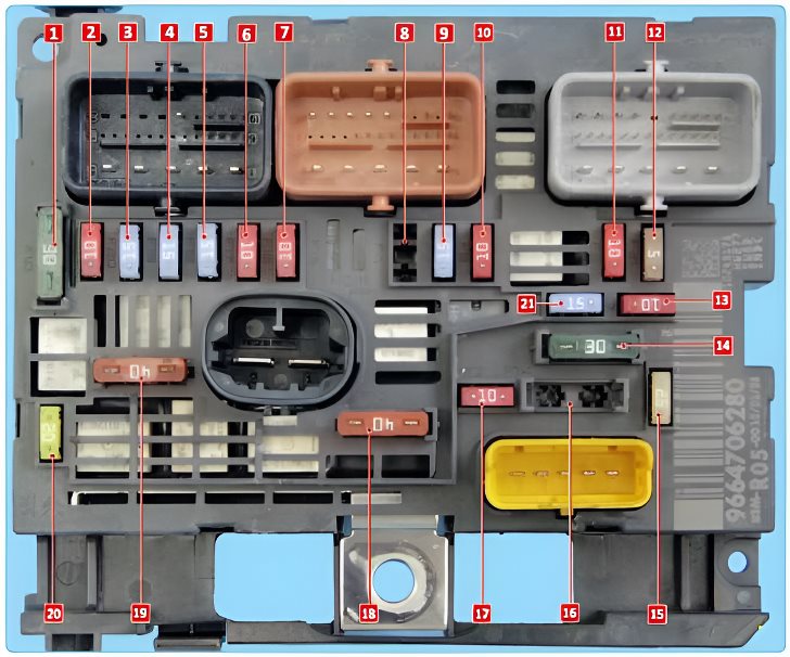 Peugeot 308 I T7 2007-2013 – schemat skrzynki bezpieczników w komorze silnika Peugeot 308 I T7 2007-2013 - schemat rozmieszczenia bezpieczników w komorze silnika