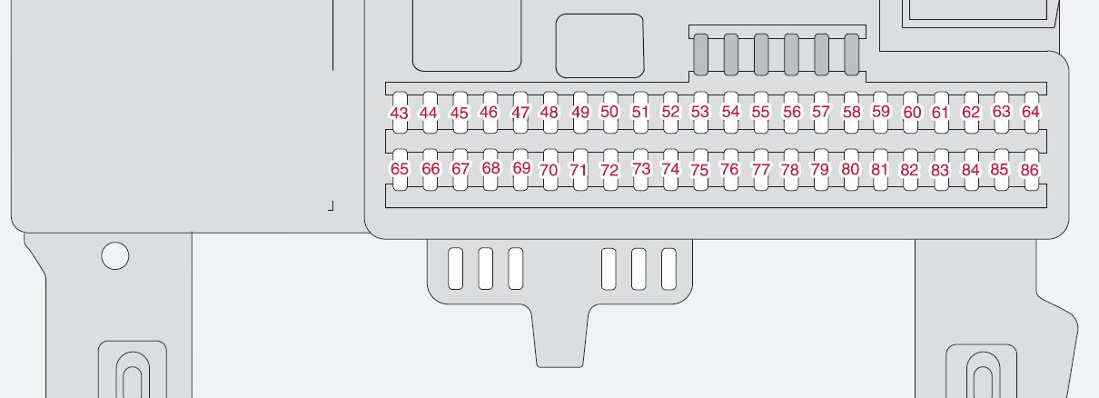 Volvo S40 2012 - skrzynka bezpieczników pod schowkiem pasażera Volvo S40 II 2012 - schemat panelu bezpieczników w kabinie pod schowkiem pasażera, pozycje 37-86