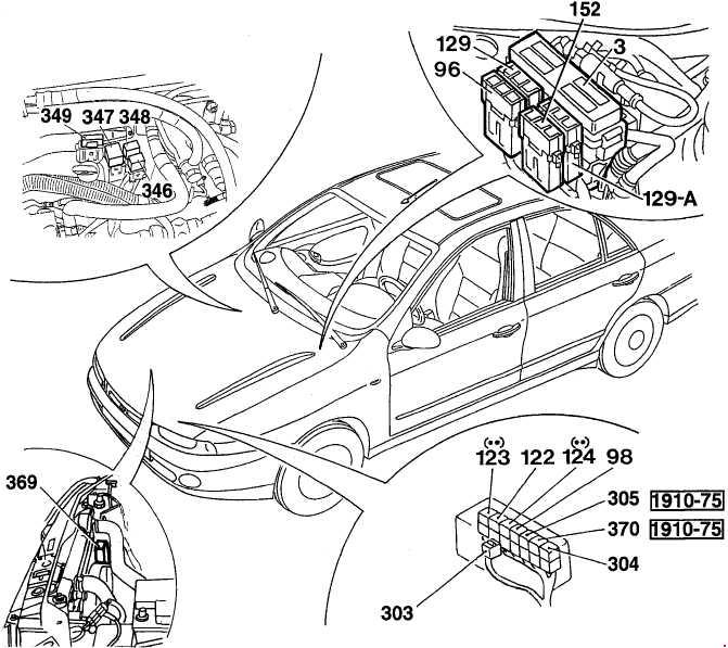 Fiat Marea - bezpieczniki i przekaźniki pod maską, diesel Lokalizacja bezpieczników i przekaźników w komorze silnika Fiata Marea TD i JTD