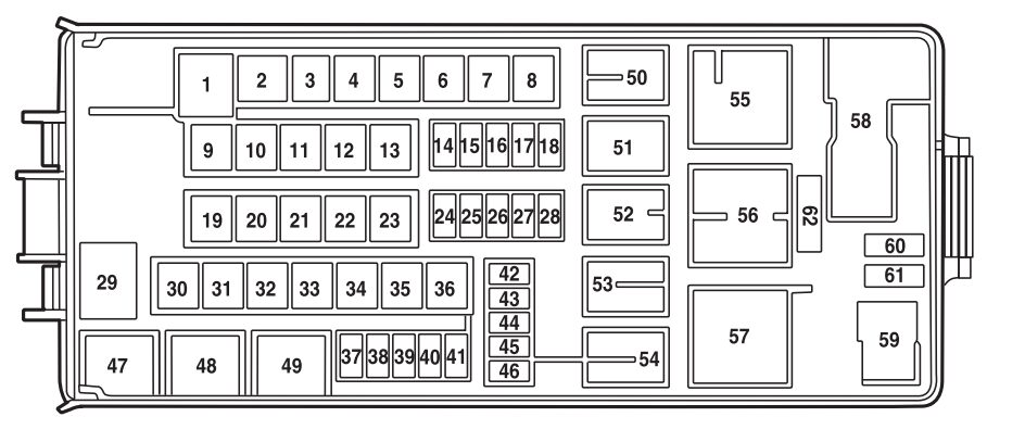 Ford Explorer III 2002-2003 - schemat bezpieczników pod maską Duży techniczny schemat Power Distribution Box Ford Explorer III U152 2002-2003 z numerami bezpieczników i przekaźników