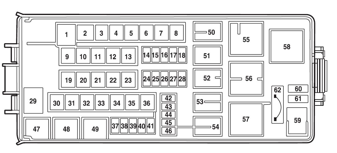 Ford Explorer 2004-2005 - skrzynka bezpieczników pod maską Duży schemat Power Distribution Box Ford Explorer III U152 2004-2005 z numerami bezpieczników i przekaźników