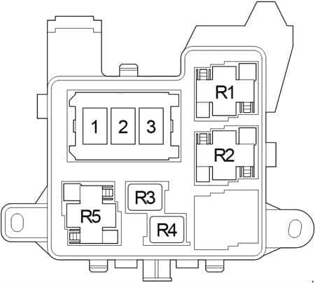 Toyota Aygo I 2005-2014 - dodatkowa skrzynka przekaźników Toyota Aygo I 2005-2014 - schemat dodatkowej skrzynki przekaźników w komorze silnika