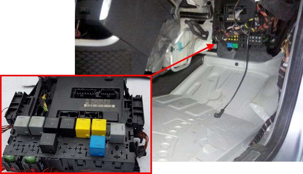 Mercedes W245 - lokalizacja bloku przekaźników Blok przekaźników Mercedes-Benz W245 pod deską rozdzielczą przy nogach pasażera