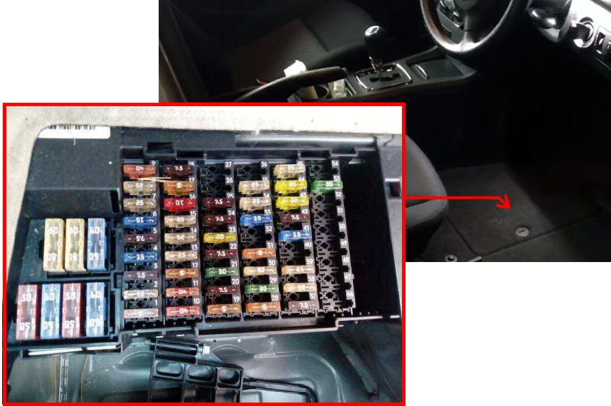 Mercedes W245 - lokalizacja skrzynki bezpieczników Lokalizacja głównej skrzynki bezpieczników Mercedes-Benz Klasa B W245 pod podłogą przed fotelem pasażera