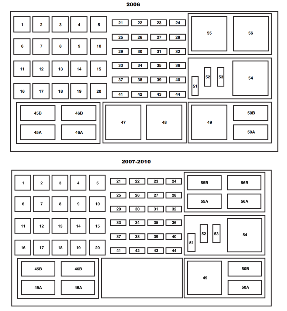 Mercury Mountaineer 2007-2010 - schemat skrzynki Power Distribution Box Pełnowymiarowy diagram skrzynki bezpieczników Mercury Mountaineer III 2007-2010 w komorze silnika