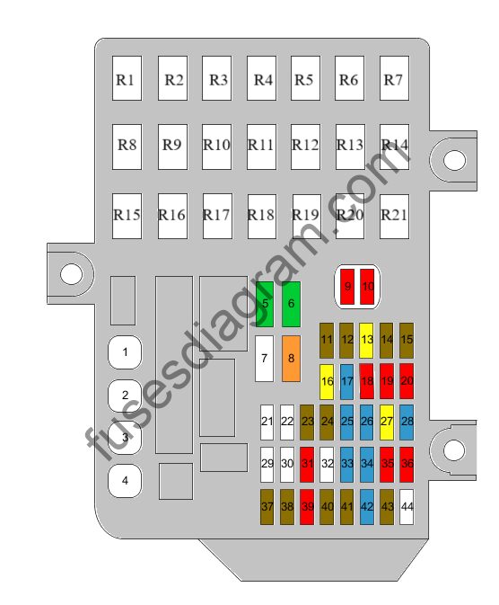 Mitsubishi Colt Z30 2008-2012 - passenger compartment fuse box diagram Large clear Mitsubishi Colt Z30 2008-2012 passenger compartment fuse box diagram with F1-F44 positions