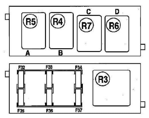 Renault Espace IV - F32-F37 fuses and seat relays Clear Renault Espace IV panel diagram with F32-F37 fuses and additional equipment relays
