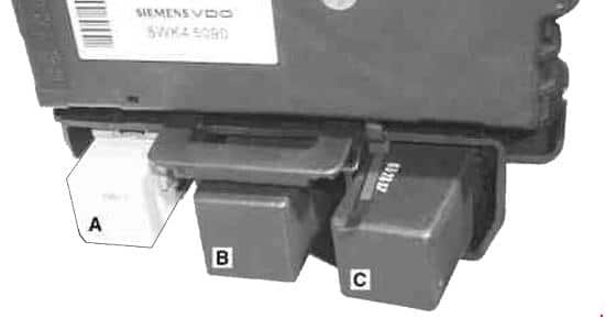 Smart Fortwo 450 - przekaźniki A B C Duży schemat rozmieszczenia przekaźników A B C w Smart Fortwo 450 2002-2007