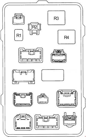 Toyota Hilux - przekaźniki panelu kabinowego Schemat tylnej strony panelu z przekaźnikami R1-R4 Toyota Hilux 1997-2005