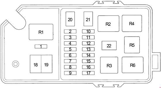 Toyota Hilux - skrzynka komory silnika typ 1 Schemat skrzynki bezpieczników i przekaźników typu 1 w komorze silnika Toyota Hilux 1997-2005