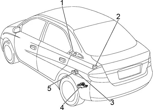Toyota Prius NHW11 - elementy elektryczne w bagażniku Rozmieszczenie elementów instalacji hybrydowej i bloku bezpieczników w bagażniku Toyota Prius NHW11