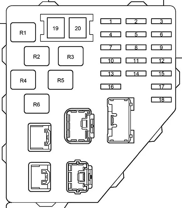 Toyota Prius NHW11 - schemat panelu kabinowego Schemat numeracji bezpieczników i przekaźników panelu kabinowego Toyota Prius NHW11