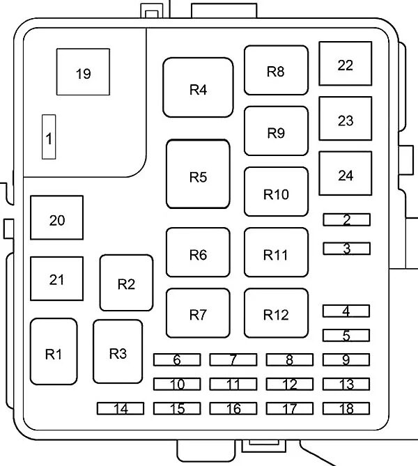 Toyota Prius NHW11 - główna skrzynka pod maską Schemat numeracji głównej skrzynki bezpieczników i przekaźników komory silnika Toyota Prius NHW11
