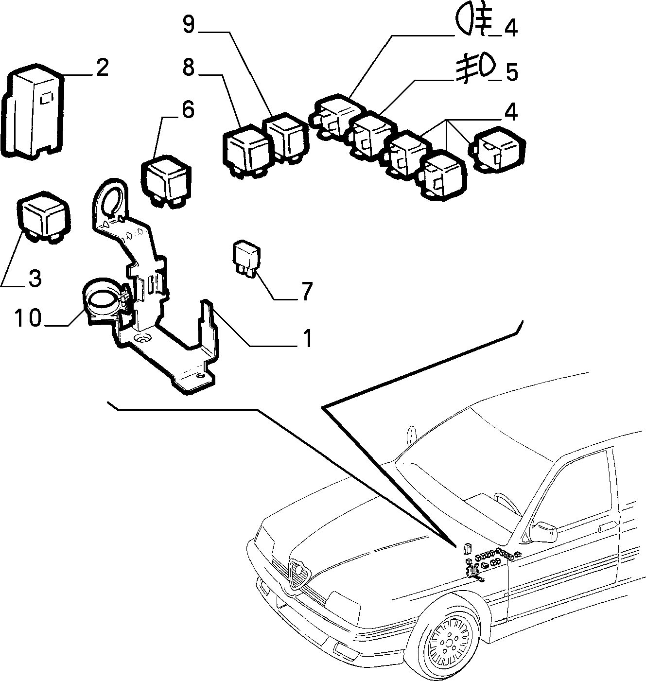 Przekaźniki w komorze silnika Alfa Romeo 164 Duży rysunek techniczny rozmieszczenia pierwszej grupy przekaźników w komorze silnika Alfy Romeo 164