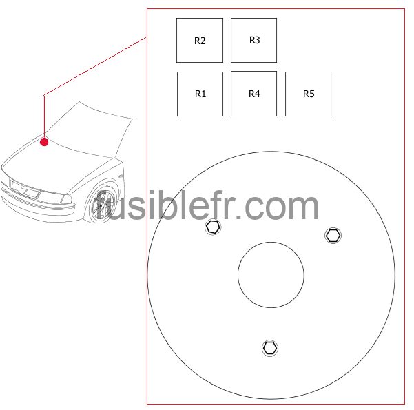 Alfa Romeo 33 1990-1994 - przekaźniki w komorze silnika Schemat rozmieszczenia dodatkowych przekaźników R1-R5 w komorze silnika Alfa Romeo 33 Type 907