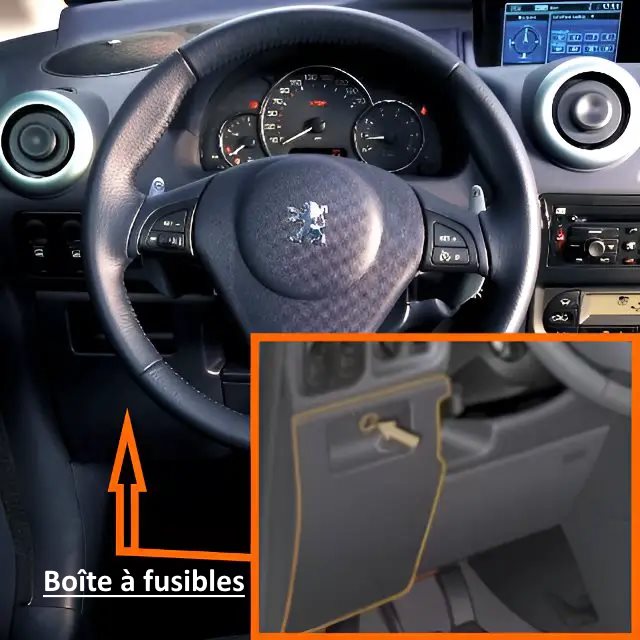 Peugeot 1007 - lokalizacja skrzynki bezpieczników w kabinie Lokalizacja pokrywy skrzynki bezpieczników w dolnej części deski rozdzielczej Peugeot 1007