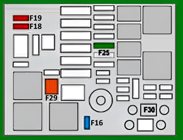 Schemat bezpieczników w komorze silnika Schemat rozmieszczenia bezpieczników F16 F18 F19 F25 F29 i F30 w komorze silnika Peugeot 2008