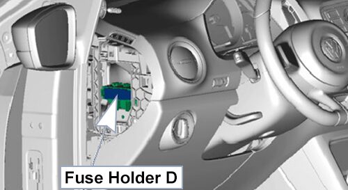 Volkswagen Up! - lokalizacja uchwytu SD Lokalizacja uchwytu bezpieczników SD z boku deski rozdzielczej Volkswagen Up 2011-2017
