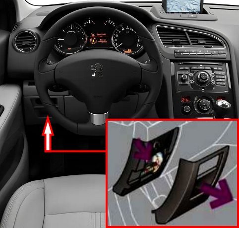 Peugeot 5008 2009-2012 – lokalizacja skrzynki bezpieczników w kabinie Peugeot 5008 2009-2012 - lokalizacja skrzynki bezpieczników po lewej stronie deski rozdzielczej
