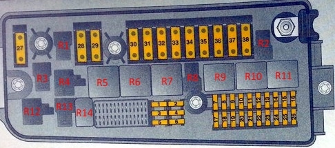 Opel Vectra C 2005-2008 - schemat skrzynki pod maską Opel Vectra C 2005-2008 - rozmieszczenie 38 bezpieczników komory silnika