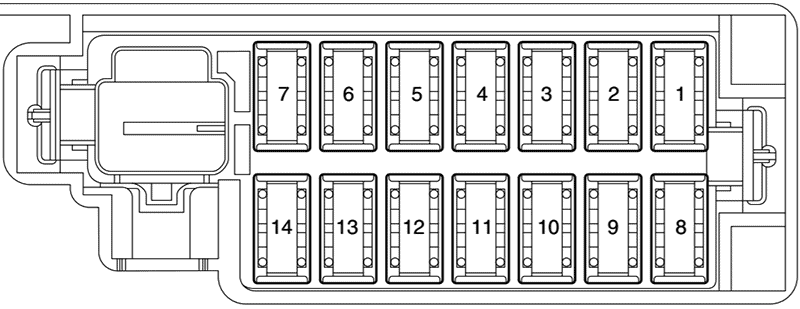 Fiat Grande Punto 2010-2012 bezpieczniki kabiny 1-14 Fiat Grande Punto 2010-2012 schemat bezpieczników 01-14 pod deską rozdzielczą