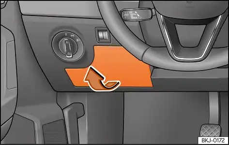 Seat Ibiza KJ - lokalizacja skrzynki bezpieczników w kabinie Lokalizacja skrzynki bezpieczników pod deską rozdzielczą Seata Ibizy KJ