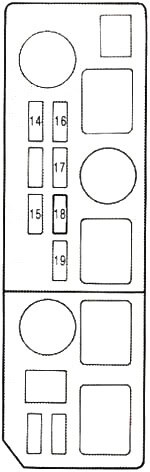 Lexus ES250 VZV21 - skrzynka w komorze silnika Schemat bezpieczników w komorze silnika Lexusa ES250 VZV21 z numerami 14-19