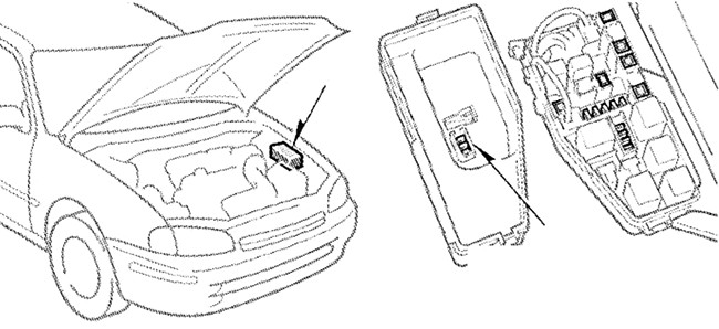 Toyota Starlet 1996-1999 - skrzynka w komorze silnika Toyota Starlet V P90 1996-1999 - lokalizacja skrzynki bezpieczników pod maską