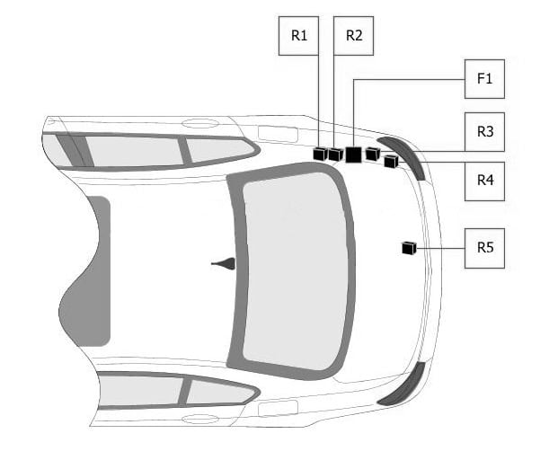 BMW F10/F11 - dodatkowe przekaźniki w bagażniku Schemat dodatkowych przekaźników w bagażniku BMW F10 F11