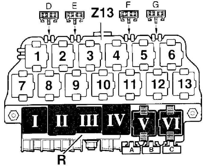 Schemat panelu przekaźników R i Z13 Volkswagen Golf IV Volkswagen Golf IV schemat wsporników przekaźników R i Z13
