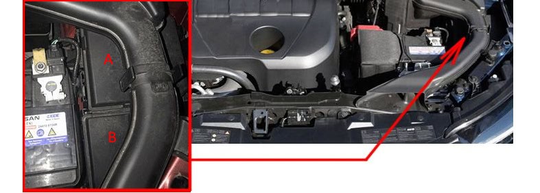 Nissan Qashqai J11 - skrzynki bezpieczników w komorze silnika Lokalizacja skrzynek bezpieczników pod przewodem dolotowym Qashqaia J11