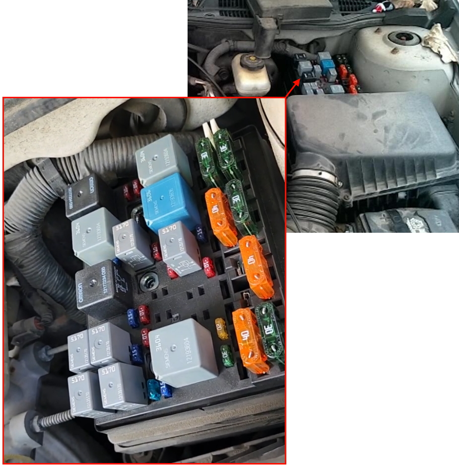 Skrzynka bezpieczników komory silnika Chevrolet Malibu 1997–2003 – umiejscowienie Lokalizacja skrzynki bezpieczników w komorze silnika Chevrolet Malibu