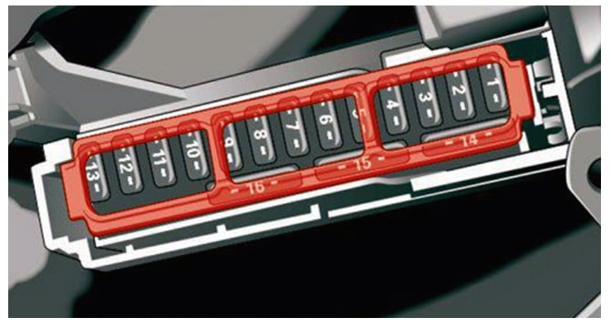 Audi Q5 FY - schemat bezpieczników w boku deski rozdzielczej Audi Q5 II FY - numeracja bezpieczników MMI USB i elektroniki kierownicy