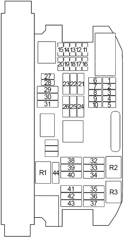 BMW X6 E71/E72 - schemat bezpieczników 1-49 Schemat skrzynki bezpieczników BMW X6 E71 E72 w kabinie - pozycje 1-49