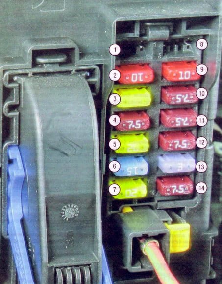 Opel Corsa D - bezpieczniki w kabinie Opel Corsa D 2010-2014 - schemat skrzynki bezpieczników pod deską rozdzielczą