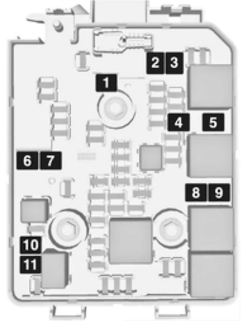 Opel Corsa E - duże bezpieczniki J1-J11 Opel Corsa E 2014-2019 - schemat bezpieczników wysokoprądowych J1-J11