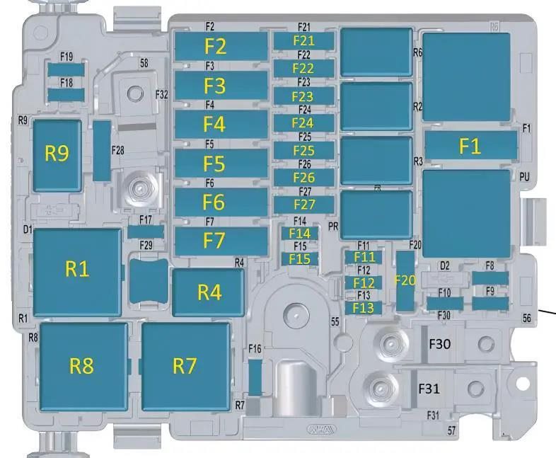 Opel Corsa F - schemat skrzynki bezpieczników pod maską Opel Corsa F od 2019 - diagram bezpieczników i przekaźników w komorze silnika