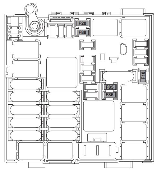 Fiat 500L 2012-2022 - techniczny schemat skrzynki bezpiecznikow w komorze silnika