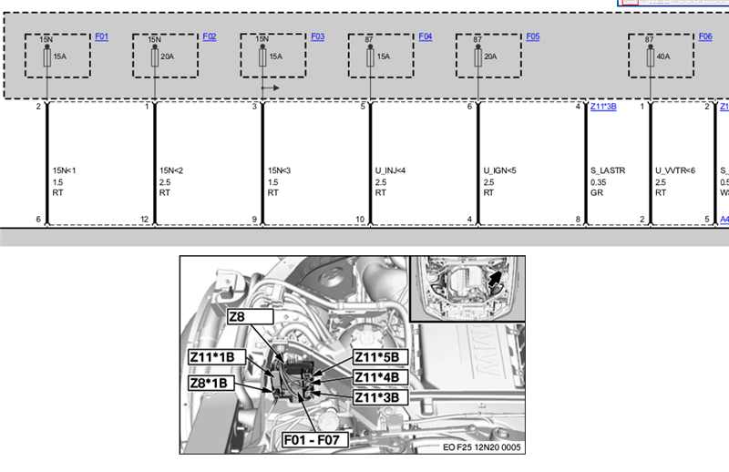 BMW X3 F25 – moduł dystrybucji zasilania i schemat bezpieczników BMW X3 F25 2011-2017 - schemat modułu dystrybucji zasilania w komorze silnika
