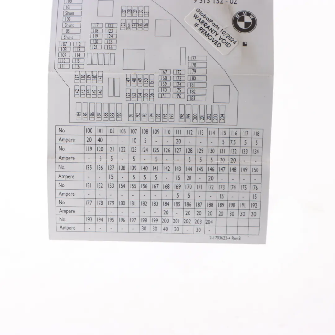 BMW X3 F25 od 04/2014 – schemat skrzynki bezpieczników w bagażniku 9315152 BMW X3 F25 od 04/2014 - schemat i amperaż bezpieczników 100-204 w bagażniku, karta 9315152