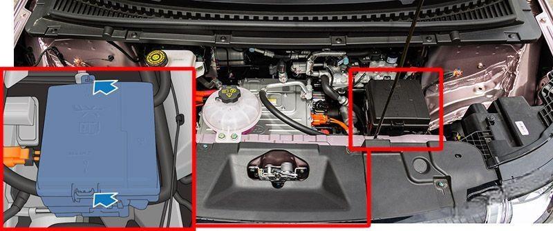BYD Dolphin - skrzynka bezpieczników z przodu Lokalizacja skrzynki bezpieczników w przednim przedziale BYD Dolphin