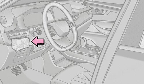 Chery Tiggo 8 Pro - skrzynka bezpieczników w kabinie Lokalizacja skrzynki bezpieczników w kabinie Chery Tiggo 8 Pro po lewej stronie deski rozdzielczej