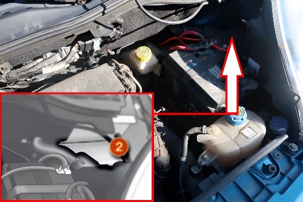Lokalizacja skrzynki bezpieczników pod maską Lokalizacja skrzynki bezpieczników w komorze silnika Peugeot Bipper